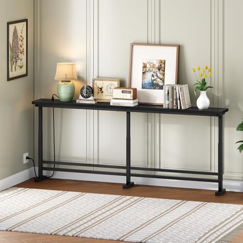 YATINEY 70.9" Console Table with Adjustable Height (27.6"-35.4") and Power Outlet, Skinny Behind Couch Table, Narrow Long Sofa Table for Living Room, Hallway, Entryway, Black CT08UBB - color: Black, size: 70.9"L x 5.9"W x 27.6-35.4"H