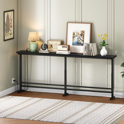 YATINEY 70.9" Console Table with Adjustable Height (27.6"-35.4") and Power Outlet, Skinny Behind Couch Table, Narrow Long Sofa Table for Living Room, Hallway, Entryway, Black CT08UBB - color: Black, size: 70.9"L x 5.9"W x 27.6-35.4"H