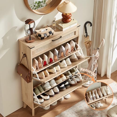 LEYAOYAO Shoe Cabinet Storage for Entryway with 2 Flip Drawers | Rack Narrow Organizer Slim Hidden Wood Shoe Cabinet Furniture - color: Natural Oak