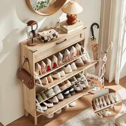 LEYAOYAO Shoe Cabinet Storage for Entryway with 2 Flip Drawers | Rack Narrow Organizer Slim Hidden Wood Shoe Cabinet Furniture - color: Natural Oak