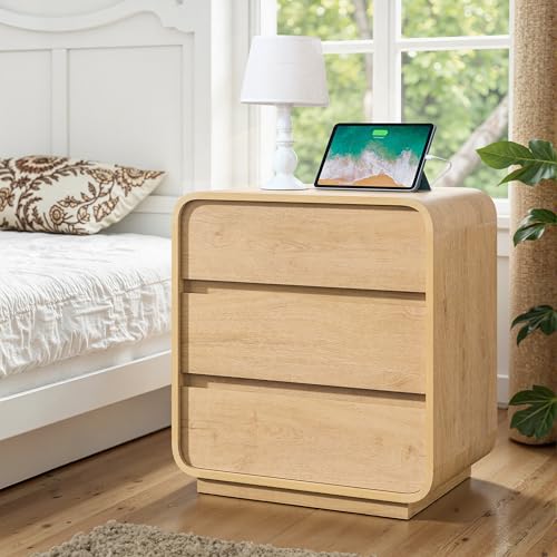 Standifurno 3 Drawers Nightstand with Charging Station, Modern Wood 25" Tall Curved Night Stand, Large End Table Bedside Table for Bedroom, Office, Sofa, Natural - color: Natural, size: 3 Drawers (1PC)