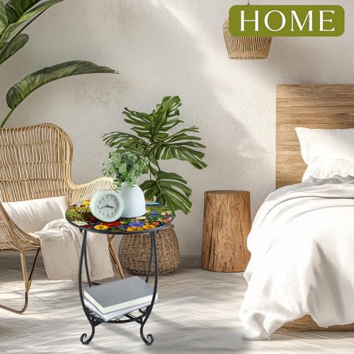 Cinnvoice Outdoor Side Table Round Small Mosaic Patio Accent Indoor End Plant Coffee Tea Table for Yard Patio Porch Garden Living Room, Bedroom(Flower Style,14 Inch) - size: 14 Inch, style: Flower Style
