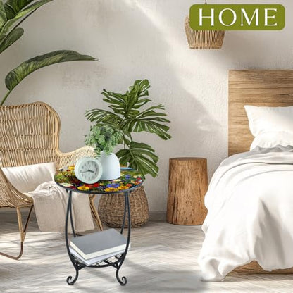 Cinnvoice Outdoor Side Table Round Small Mosaic Patio Accent Indoor End Plant Coffee Tea Table for Yard Patio Porch Garden Living Room, Bedroom(Flower Style,14 Inch) - size: 14 Inch, style: Flower Style
