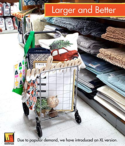 Wellmax Folding Grocery Cart with Wheels – Heavy Duty Utility Cart with Upgraded Steel Frame, Extra Large Basket, Adjustable Padded Handle, Swivel Front Wheels, Foldable Design, 90 lb Capacity - size: X-Large