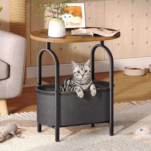 RALGEND Small Round Side Table with Fabric Basket Storage, Oval End Table for Small Spaces, Modern Coffee Bedside Table, Couch Side Table for Living Room, 15.7" X 11.8" X 24", Rustic Brown 8601BZBF - color: Rustic Brown and Black