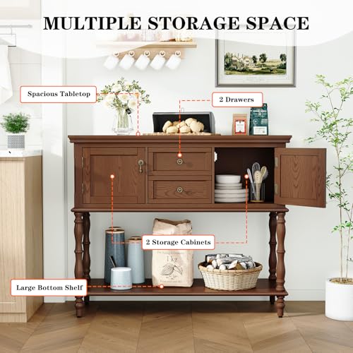 ARTPOWER Console Table with 2 Drawers, Retro Entryway Table with 2 Door | Solid Wood Veneer Entry Table, Behind Couch Sofa Table with Open Storage Shelf for Living Room, Foyer, Hallway - color: Brown