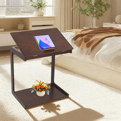 Wooden C-Shaped End Table, Rolling Side Table, Couch Table with Adjustable Desktop, Couch Desk with Wheels, for Couch, Living Room, Bedroom, 23.62" D x 15.35" W x 24.8" H, Walnut-Colored