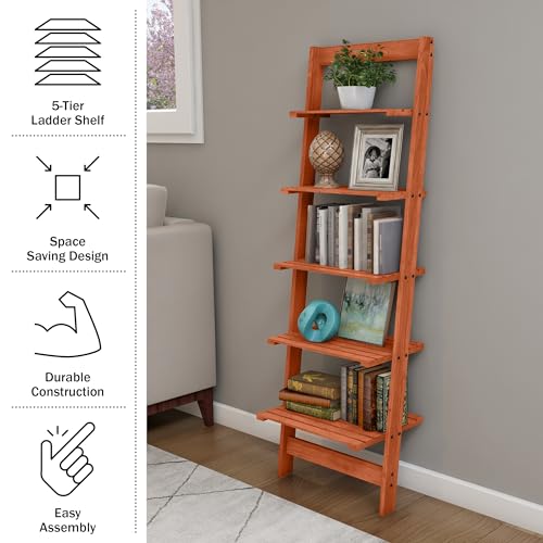 5-Tier Ladder Shelf - 50-Inch Narrow Leaning Bookshelf - Wooden Bookcase for Living Room, Bathroom, Kitchen, Office, or Bedroom Furniture by Lavish Home (Cherry) - color: Cherry