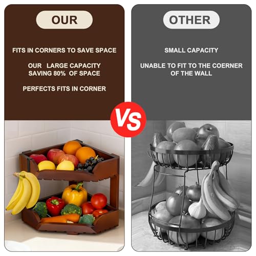 Wissy&Konny 2 Tier Corner Fruit Basket for Kitchen Counter, Acacia Wood Fruit Stand with Banana Hook, Space Saving Storage Rack for Fruits Vegetables Snacks