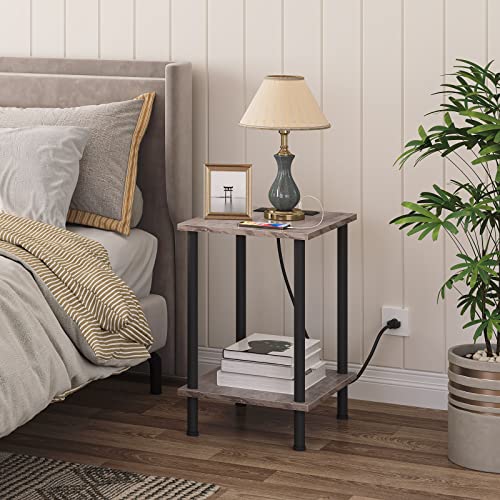 HOOBRO Side Table with Charging Station, Set of 2 End Tables with USB Port and Outlets, Nightstand with 2-Layer Storage Shelves for Small Spaces, Living Room, Bedroom, Greige and Black BG09UBZP201 - color: Greige + Black