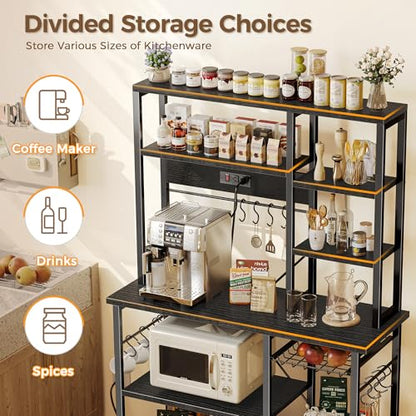 SUPERJARE Large Bakers Rack with Power Outlets, 6-Tier Microwave Stand, Coffee Bar with 12 S-Shaped Hooks, Kitchen Shelf with Wire Basket, 39.4 x 14.6 x 66.9 Inches, Black - color: Black, size: 39.4inch