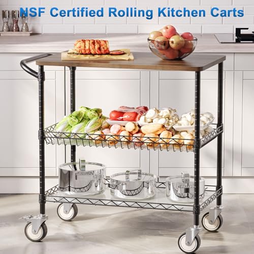 Rolling Kitchen Carts with Wheels, 3-Tier Utility Cart with Wood Tabletop | NSF Commercial Metal Serving Cart with Handle and Shelf Liner for Kitchen Snacks,34"D x 17.5"W x 32.5"H,Black - color: Wood-black