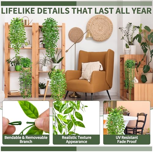 Palonu 4 Pack Faux Artificial Hanging Plants, UV Resistant Fake Potted Greenery with Eucalyptus Vine, Mandala, Pea Pod Leaves & String of Pearls in Pots for Living Room Bathroom Indoor Outdoor Décor