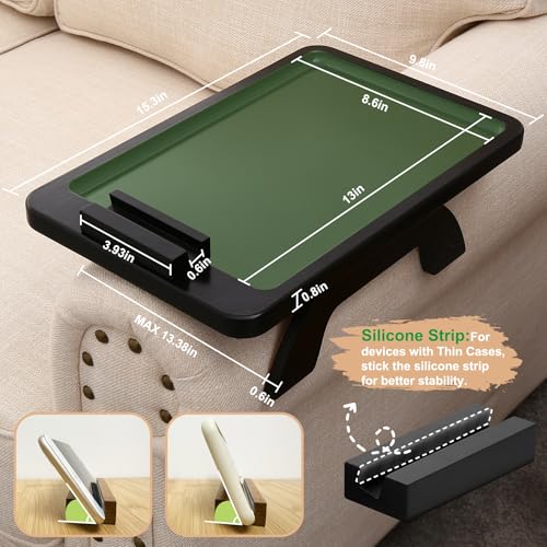 SINWANT Couch Arm Table, Bamboo Sofa Clip On Side Table Tray,Foldable Sofa Arm Tray with 360° Phone Holder for Eating Drinking Snacks Remote on Couch Armrest - color: Black