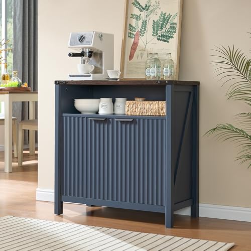 BuildHom 32 Inch Fluted Sideboard Buffet Cabinet with Storage Navy Blue | Coffee Bar Cabinet with Open Shelf and 5-Level Adjustable Shelves, Farmhouse Storage Cabinet for Kitchen and Dining Room - color: Navy Blue