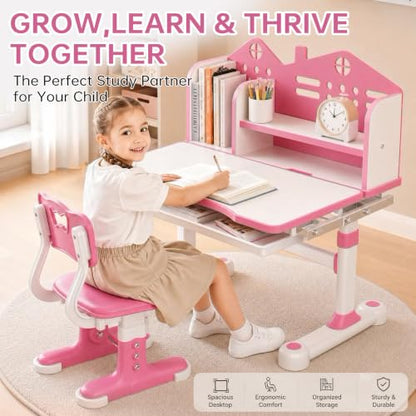 Kids Desk and Chair Set, Height Adjustable Child's School Study Writing Tables, Kids Desk with Bookstand and Storage Drawer, Widened Desktop with Desktop for Boys and Girls (Pink-A-MAX) - color: Pink-a-max