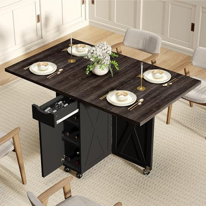 Folding Dining Table with 6 Wheels, Drop Leaf Tables for Small Spaces, Foldable Dining Table with 2-Layer Storage Rack, Kitchen Table with Drawer (Brown Wood and Black) - color: Dark Brown
