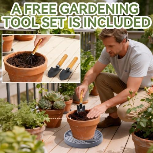 1 Pcs Plant Caddy with Hidden Wheels 13.5 Inch Heavy Duty Rolling Plant Stand, Indoor Outdoor Plant Saucer Tray with $9.9 Garden Tools (Gray) - size: 13.5 Inches (Gray)