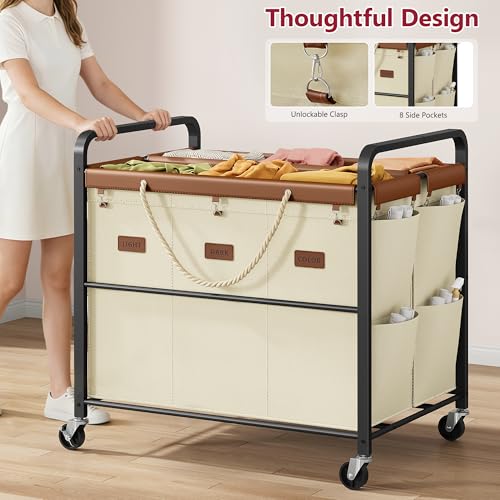 350L Extra Large Laundry Cart, Laundry Hamper 6 Section, Beige | Large Capacity, Heavy Duty Lockable Wheels, Sturdy Metal Frame, Leather Patchwork, Removable Bags - color: Beige, size: 6 Bag 350L