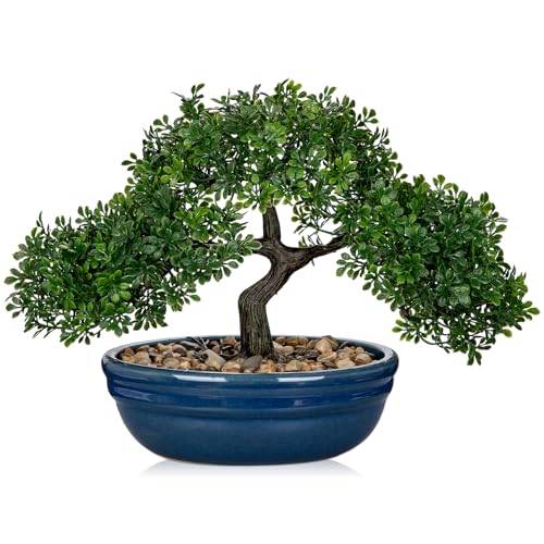 Artificial Bonsai Tree Faux Plants Indoor Fake Plants Decor with Blue Ceramic Pots for Home Table Office Desk Bathroom Shelf Bedroom Living Room Farmhouse Decor - style: Blue Glazed