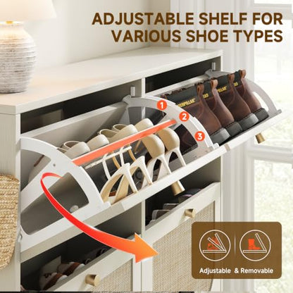 Freestanding Ultra Slim Arched Rattan Accent Shoe Storage Cabinet for Entryway - 4 Flip Drawers & 3-Tier Adjustable Shelves, Farmhouse Modern Rustic Shoe Rack for Hallway Foyer,Cloud White - color: Cloud White