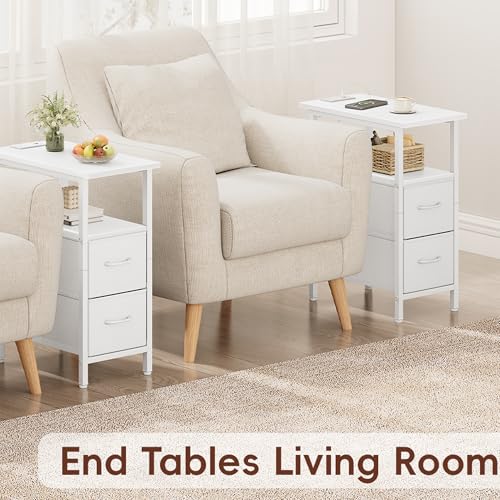 Vagusicc Set of 2 White Nightstand with Charging Station and LED Lights, Narrow Side Table, LED Night Stand with 2 Fabric Drawers, Bedside Table Small End Table, Tall Nightstand for Bedroom, White - color: White, size: 2, style: With LEDs