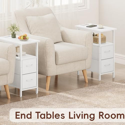 Vagusicc Set of 2 White Nightstand with Charging Station and LED Lights, Narrow Side Table, LED Night Stand with 2 Fabric Drawers, Bedside Table Small End Table, Tall Nightstand for Bedroom, White - color: White, size: 2, style: With LEDs