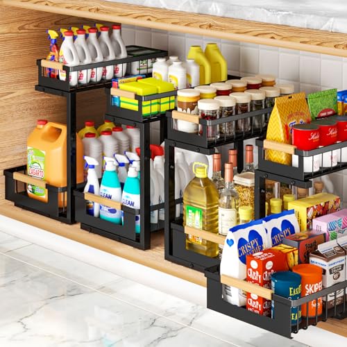 4 Pack L-Shape Under Sink Organizer, 2 Tier Pull Out Cabinet Organizer with 5-Level Adjustable Height, Double Sliding Metal Storage Rack for Kitchen Bathroom Pantry, Black - color: Black-4 Pack