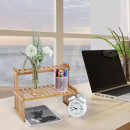 GURECOD 14.6"/18.5" 2 Tiers Bamboo Plant Stand Shelf,Desk Flower Pot Holder,Adjustable Desktop Shelf Display Organizer Ladder Rack for Office Decorate Storage Rack,Kitchen Rack (14.6" Length) - size: 14.6" Length
