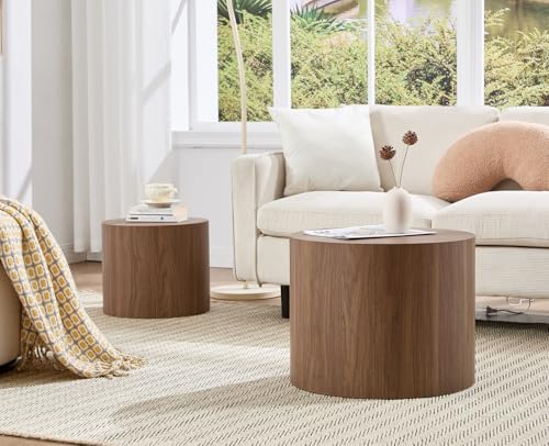 EALSON Nesting Coffee Tables Set of 2 Farmhouse Small Round End Tables Modern Wood Circle Side Table Drum Table for Living Room Small Spaces Bedroom Balcony, No Assembly, Walnut - color: Walnut
