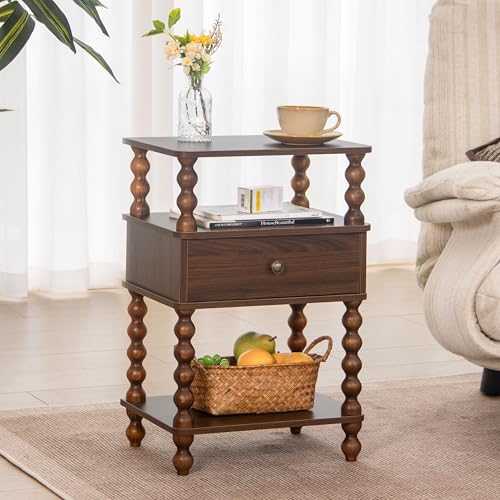 AWASEN Mid Century Modern Nightstand, Bedside Table with Storage, 3-Tier Small Night Stand End Table with Drawer for Bedroom &Solid Wood Spindle Legs, Walnut Brown - color: Walnut Brown