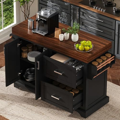 53.2" Rolling Kitchen Island with Storage, 3.5" Thick Countertop, Spice Rack, Towel Rack, Drawer & Cabinet - Mobile Kitchen Cart on Wheels for Kitchen, Dining Room, Black - color: Black