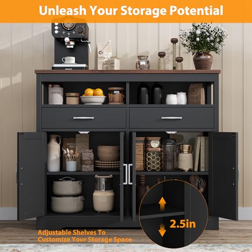knoworld Buffet Sideboard with Storage Farmhouse with 4 Doors, 47'' Large Kitchen Storage Cabinet Wood Coffee Bar Cabinet Buffet Table with Shelves for Kitchen, Dining Room, Entryway, 47" W Black