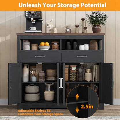 knoworld Buffet Sideboard with Storage Farmhouse with 4 Doors, 47'' Large Kitchen Storage Cabinet Wood Coffee Bar Cabinet Buffet Table with Shelves for Kitchen, Dining Room, Entryway, 47" W Black