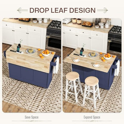 HOMCOM Rolling Kitchen Island with Power Outlet and Drop Leaf, 53" Island Table with Wood Top, 3 Drawers, Adjustable Shelf, Spice & Towel Rack, Kitchen Cart on Wheels, Dark Blue