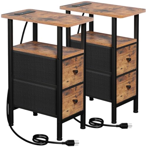 LOAKEKEL Narrow End Table with Charging Station, Side Tables Living Room | End Tables Living Room Set of 2, Skinny Nightstand with Fabric Drawers, Slim Sofa Table for Bedroom, Small Spaces, Brown - color: Rustic Brown + Black, style: Power