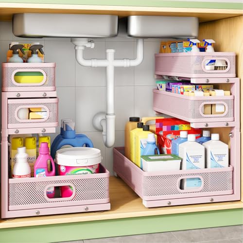 Kitstorack Under Sink Organizer, 2-Pack 3-Tier Height Adjustable Thickened Metal Pull out Cabinet Organizer Shelf, Slide out Storage Drawer Rack for Bathroom Kitchen Pantry Home Organization, Pink - color: Pink, size: 2 Pack