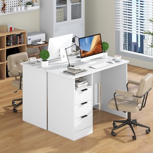 White Computer Desk with Charging Station, Home Office Desks with 3 Drawers & Open Storage Shelf, Modern Makeup Vanity for Bedroom, Wooden Study Writing Table Workstation