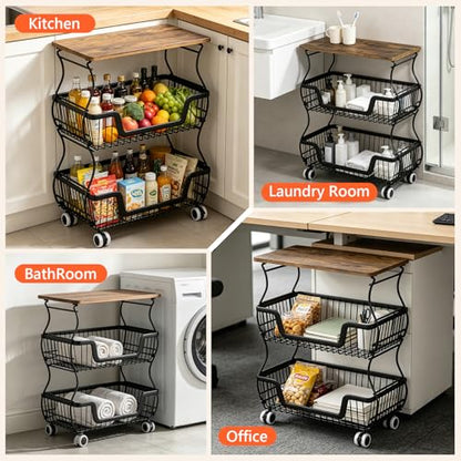 3-Tier Rolling Kitchen Storage Cart Fruit Basket Stand for Vegetables & Snacks Stackable Wire Pantry Floor Organizer with Wheels for Kitchen, Living Room, Bedroom, Office (Black) - size: 3-Tier