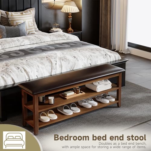 Shoe Bench with Leather Cushion,Rubberwood Bench with Shoe Rack | 2-Tier Shoe Storage Organizer for Entryway,Hallway,Living Room - size: 2-Tier-47.3"
