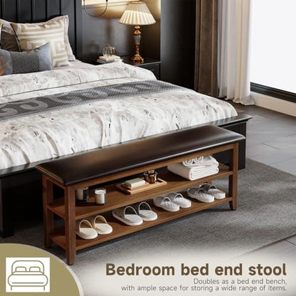Shoe Bench with Leather Cushion,Rubberwood Bench with Shoe Rack | 2-Tier Shoe Storage Organizer for Entryway,Hallway,Living Room - size: 2-Tier-47.3"