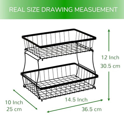 HOSY 2-Tier Metal Fruit Basket, 14-in Rectangle Black Standing Storage Rack | All-Metal, Removable Design, Tool-Free Assembly, Versatile Kitchen Countertop Organizer, Vegetables, Breads, Seasonings - size: 14-inch
