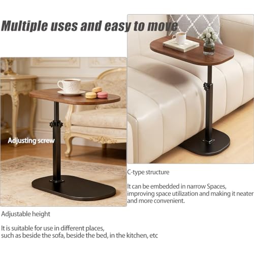 Pedestal Adjustable c Table for Small Spaces，C Shaped End Table Desktop can Turn 360° and the Height of the Sofa Small TV Tray Table Can be Adjusted for Couch - color: Walnut-height-adjustable Table-1pcs
