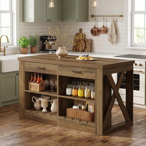 Tribesigns 55" Kitchen Island with Storage Drawers and Shelves, Farmhouse Large Island Table for Kitchen, Dining Room