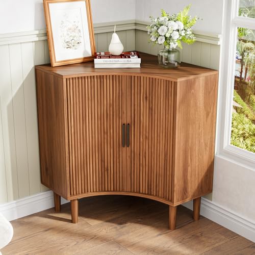 Fluted Corner Cabinet, Small Corner Floor Cabinet with Sliding Doors and Adjustable Shelves, Modern Wooden Freestanding Narrow Storage Organizer for Small Space,Living Room, Dining Room, Bathroom - color: Walnut, size: 29.5"H