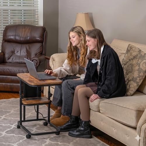 C Shaped End Table with Charging Station, Adjustable Height with Lockable Wheels & Storage Pouch, Rolling Side Table Slide Under Couch Laptop Desk, Small Sofa Table for Living Room (Small) - size: Small