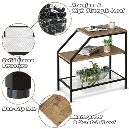 Wolawu End Table 3 Tiers 2pcs Wood Nightstand with Storage Ladder Shelf,Industrial Sofa Side Table for Small Space, Modern Trapezoid Plant Stand in Living Room Bedroom,Gold Metal Frame - color: Brown
