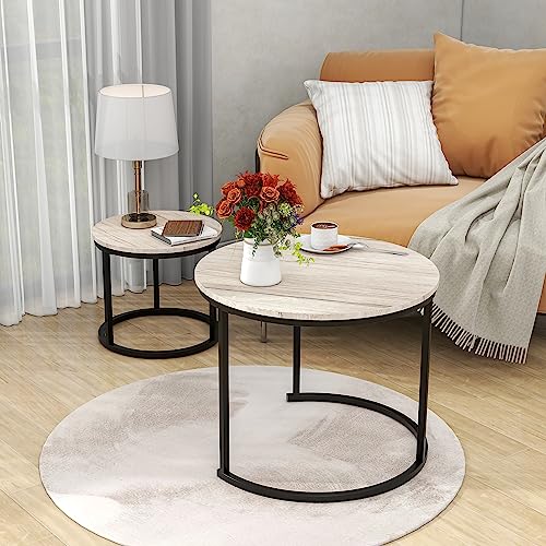HOJINLINERO Round Coffee Table,Nesting Coffee Table Set of 2,Center Tables for Living Room,Office, Home Small Space,Stacking Side Tables,Sturdy and Easy Assembly,Wood Desktop,Black+White Oak,Small - color: Oak, size: Small