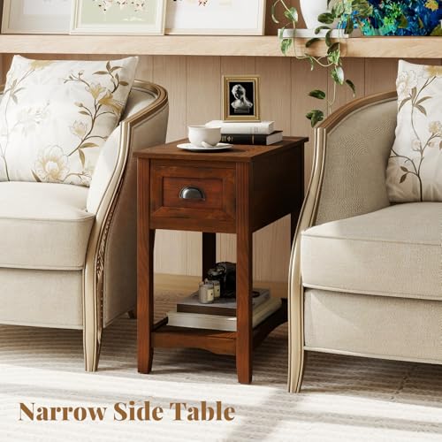 Giantex End Table with Drawer Set of 2, Retro Narrow Side Table, Nightstand with Solid Wood & Storage Shelf, Bedside Table for Living Room Bedroom Small Space Home Office (2, Walnut) - color: Walnut