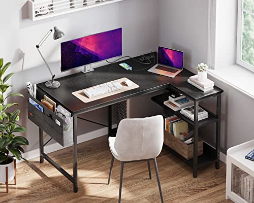 ODK 40 Inch Small L Shaped Gaming Computer Desk with Power Outlets, Reversible Storage Shelves & PC Stand for Home Office, Simple Writing Study Table with Storage Bag for Small Space, Black - size: 40 inch